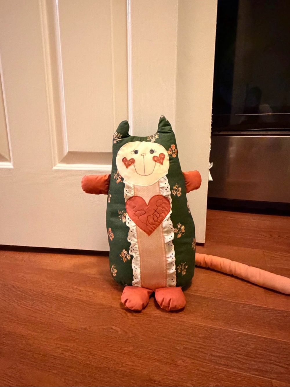 Vintage Handmade Folk Art Cat Pillow Doorstop Hunter Green Calico Floral Lace